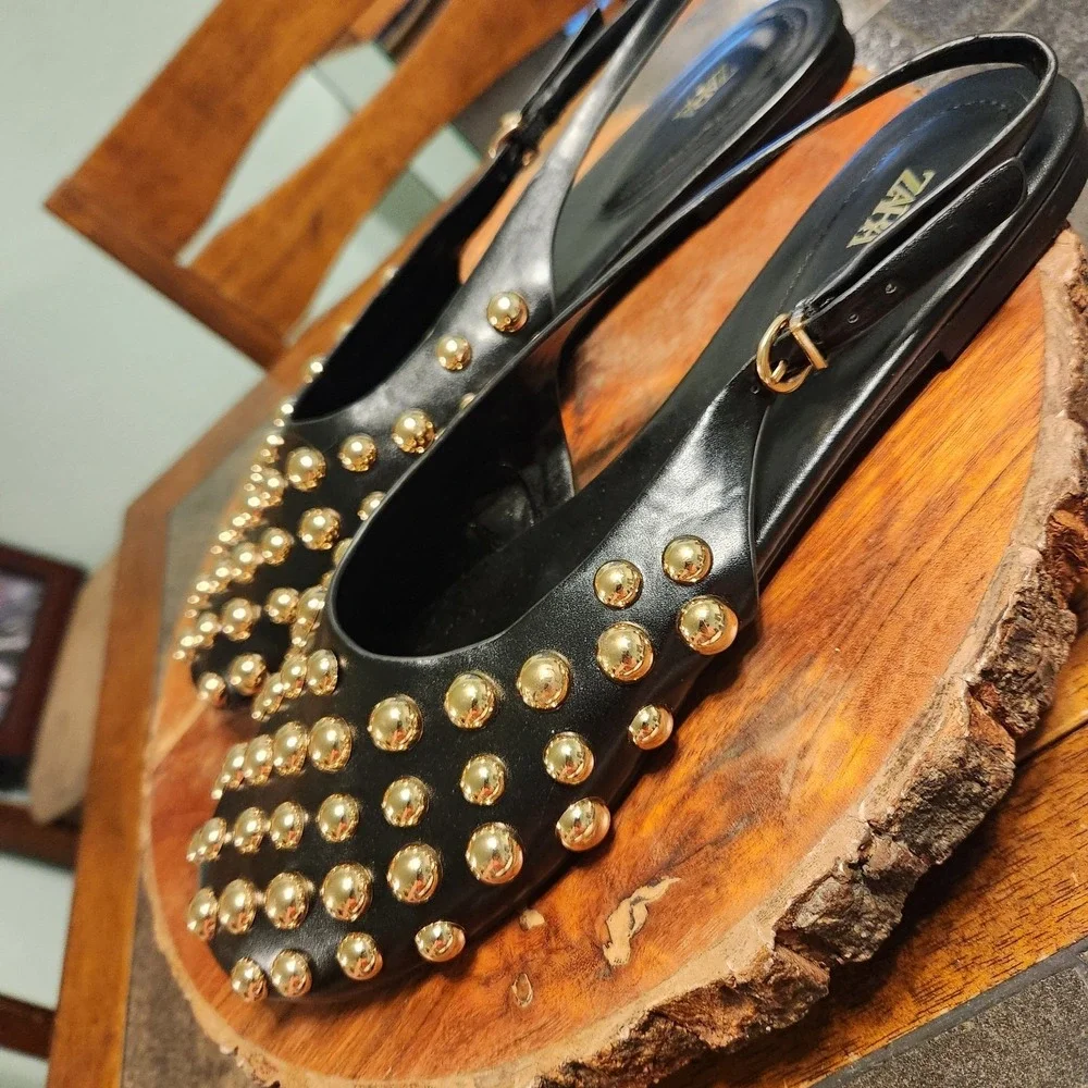 Zara Studded Gold On Black Leather Flat Slingback Sandals Sz 9 Bloggers Fave Pic - Picture 5 of 10